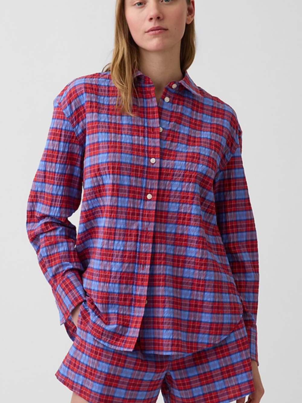 Gap Red Blue Seersucker Plaid Oversized Button Down Shirt Size L